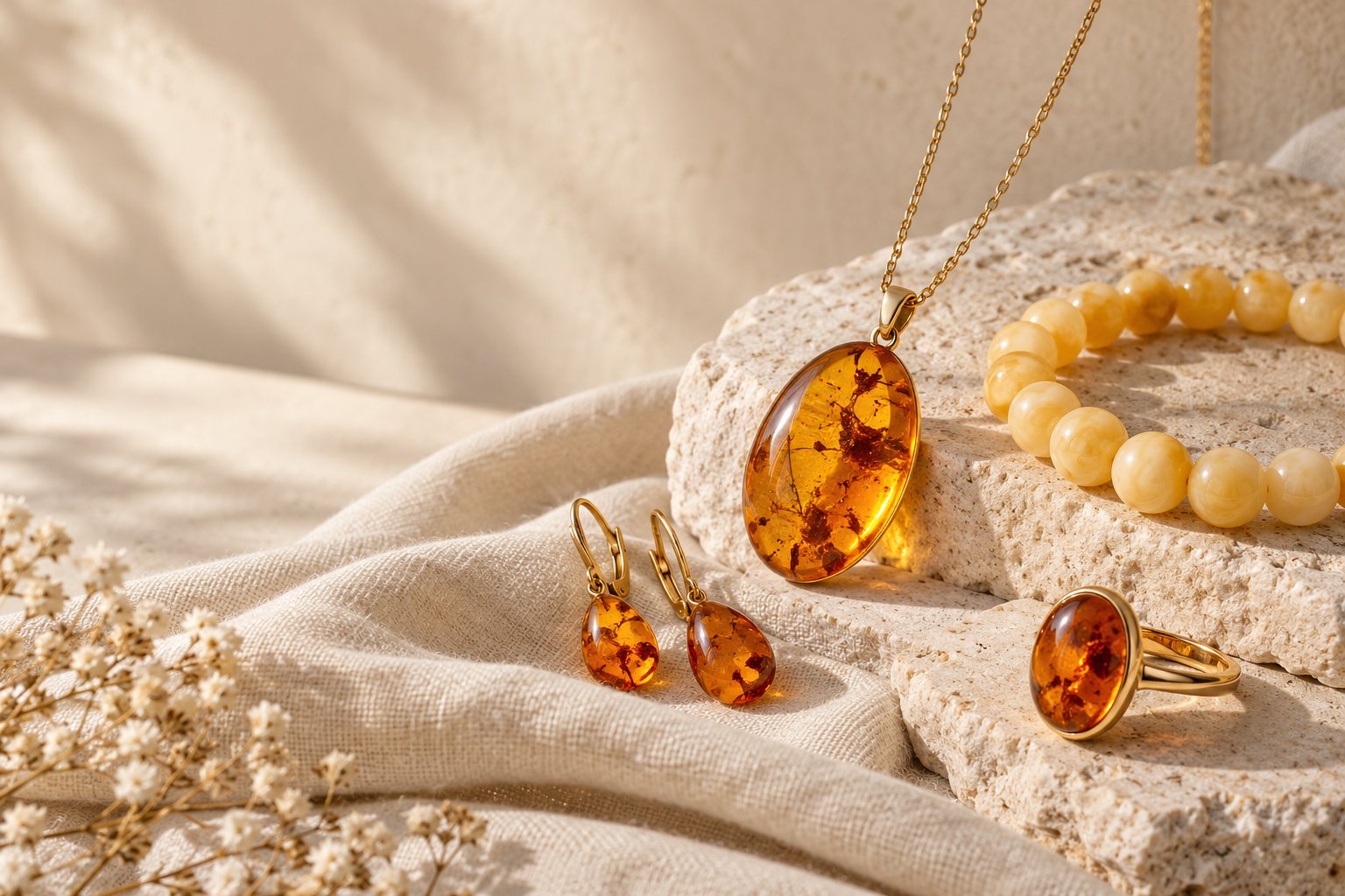 Illustrative amber jewelry still life